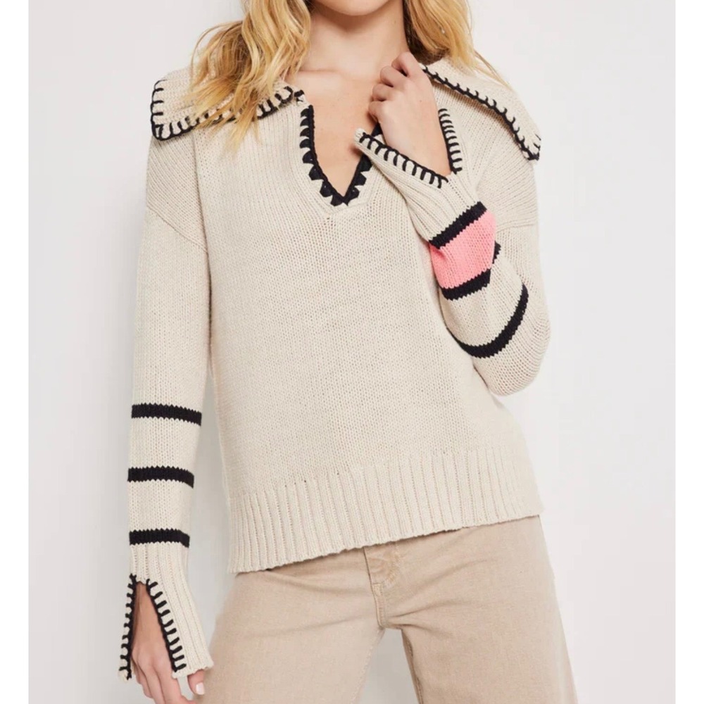 NWT Lisa Todd Collar Call Embroidered Trim Cotton‎ Blend V Neck Sweater SZ L